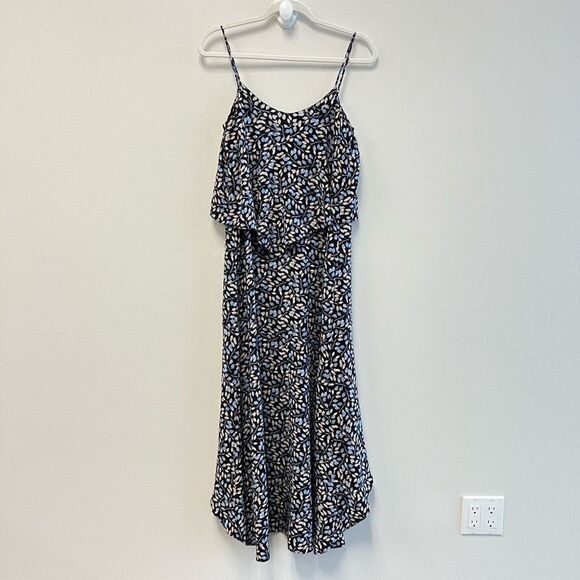 INTERMIX RUFFLED HIGH-LOW DRESS LAYLA NAVY LEAF PRINT SILK SIZE SMALL - Picture 8 of 13